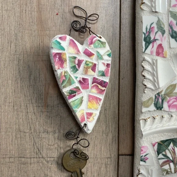 Mirror & 3 Heart Key holders Mosaic China wall art Handmade Victorian Cottage